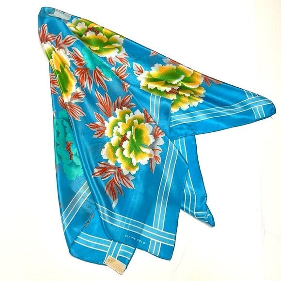 Elaine Gold for Collection XIIX Silk Square Scarf Floral Blue Gold made in Japan - Picture 6 of 9